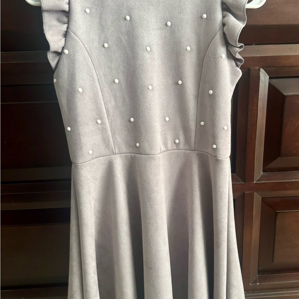 Charming Girls Size 14 Dress- Grey Faux Suede with Pearl Details